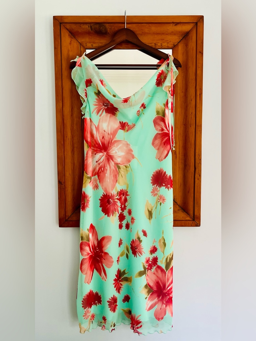 Vintage 1990s Deadstock Blue/Green Floral Chiffon Fairycore Wedding Guest Dress